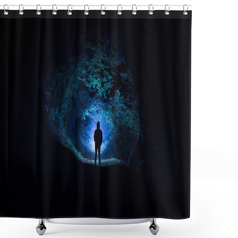 Personality  Silhouette Of Person Standing In The Dark Forest With Light. Horror Halloween Concept. Strange Silhouette In A Dark Spooky Forest At Night Shower Curtains