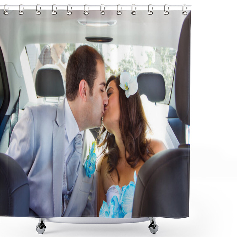 Personality  Newlywed Couple Kissing Each Other In Limousine Shower Curtains