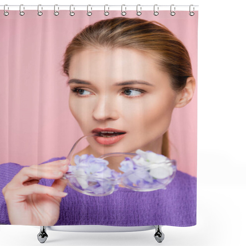 Personality  Pretty Woman Looking Away While Holding Eyeglasses With Flowers Near Lips Isolated On Pink Shower Curtains