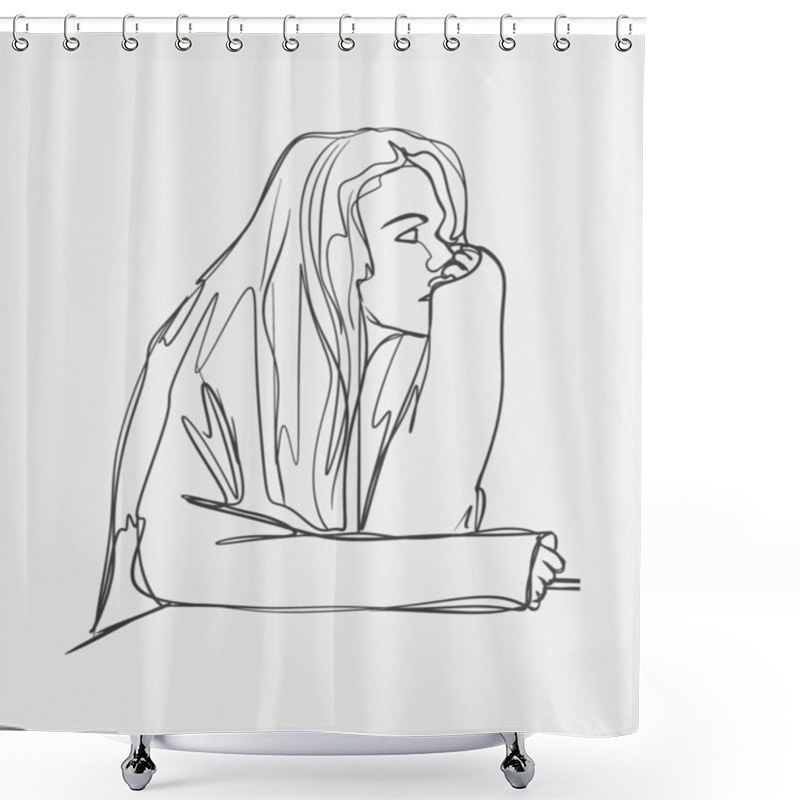 Personality  A Minimalist Line Drawing Of A Woman Resting Her Chin On Her Hand, Appearing Thoughtful And Reflective, In A Calm Pose. Shower Curtains