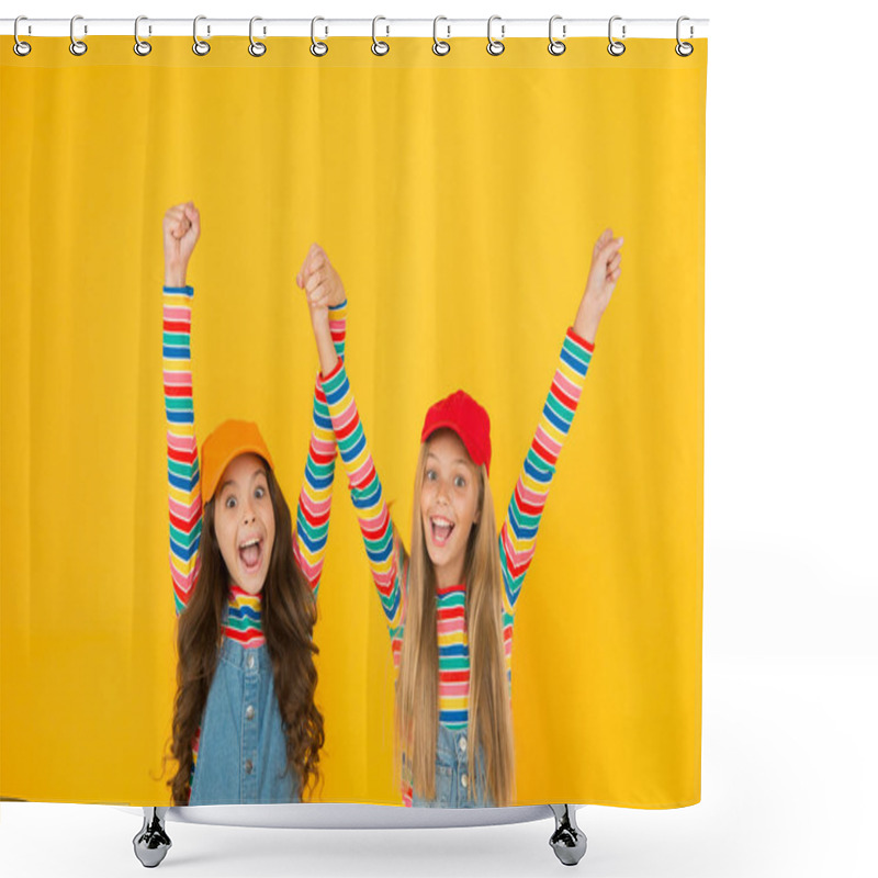 Personality  Happy Childrens Day. Family Look. Friendly And Happy Children. Stylish Children. International Childrens Day. Happy Smiling Girls Sisters Best Friends. True Friendship. Carefree And Happy Childhood Shower Curtains