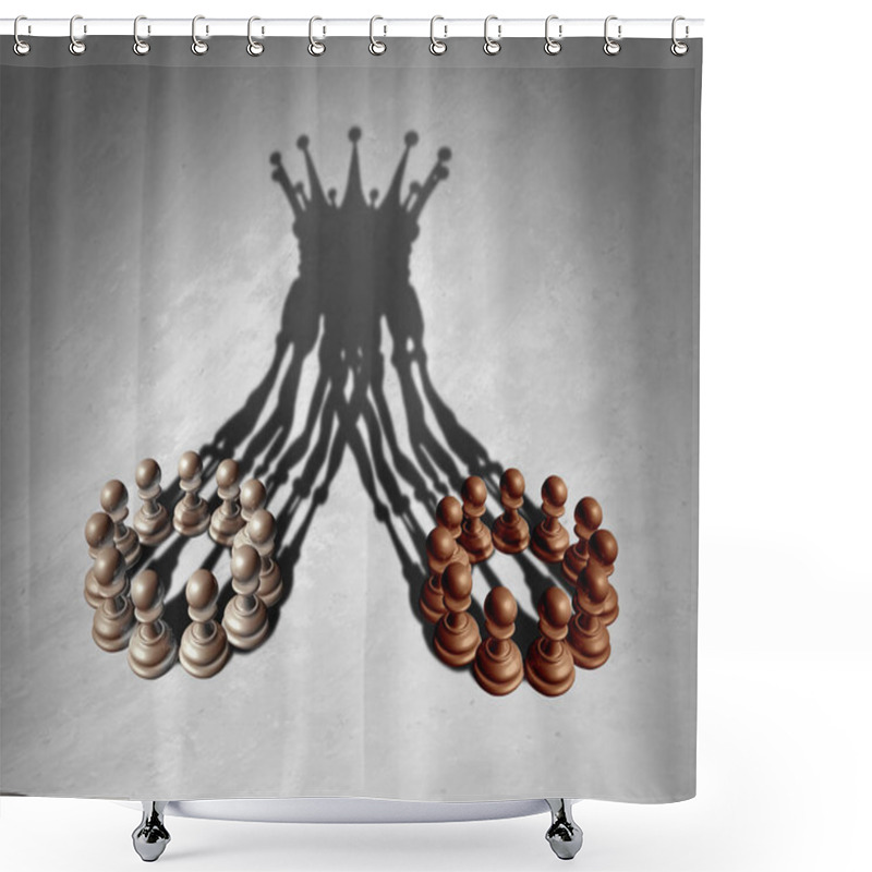 Personality  Business Group Leadership Concept As A Merger And Acquisition And Corporate Teamwork Combining Strengths As Chess Pawns Forming A King Crown Cast Shadow As A 3D Illustration. Shower Curtains