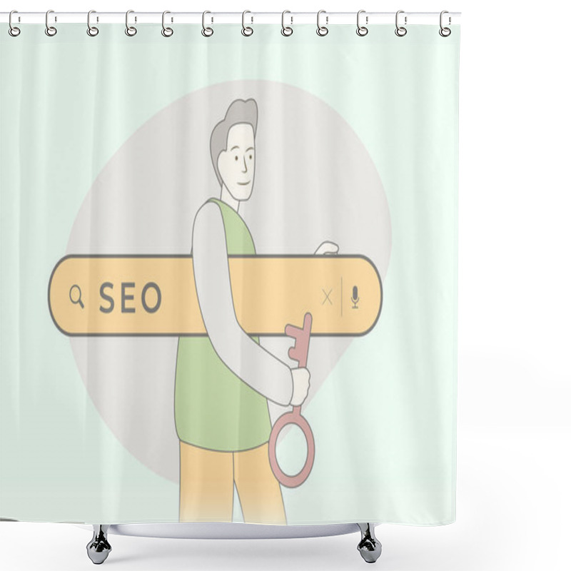 Personality  SEO - Search Engine Optimization Concept. Improve Quality And Quantity Traffic To Website From Search Engines. Hand-drawn Style Seo Specialist Holds Search Bar Under His Arm And A Key In His Hand. Shower Curtains