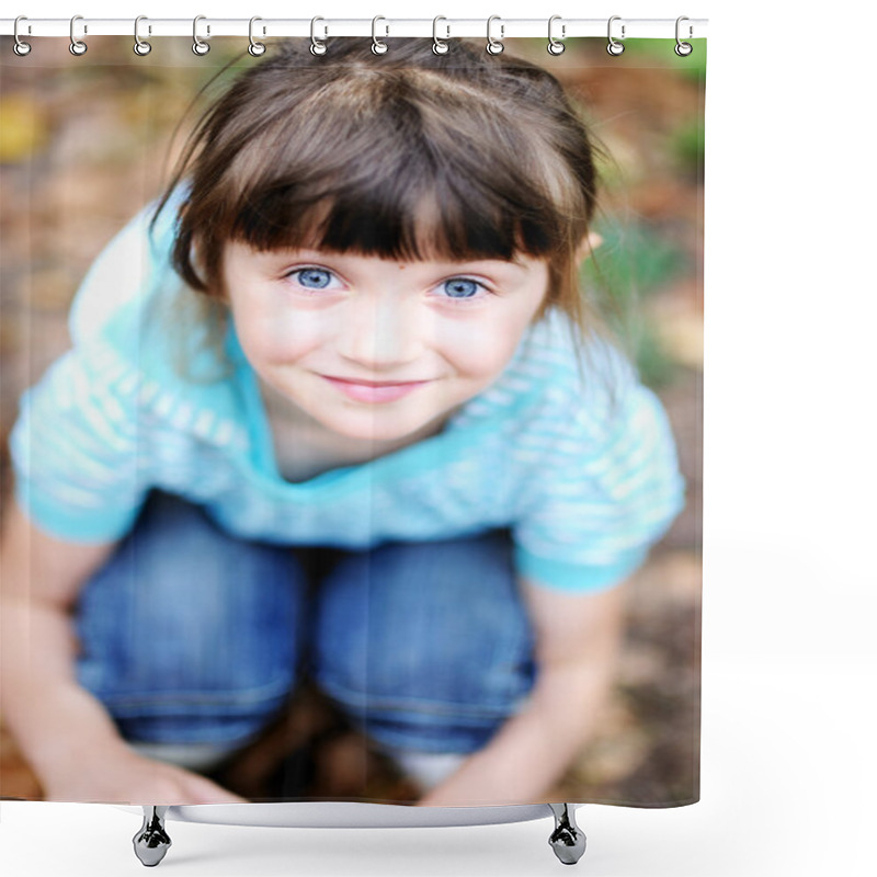 Personality  Outdoor Portrait Of Cute Child Girl In Blue Jacket Shower Curtains