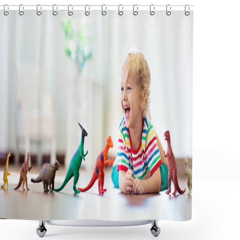 Personality  Child Playing With Toy Dinosaurs. Kids Toys. Shower Curtains