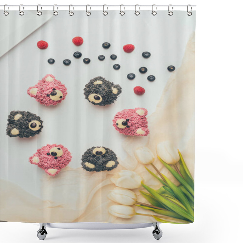 Personality  Top View Of Delicious Fruity Muffins In Shape Of Bears And Beautiful Tulips Shower Curtains