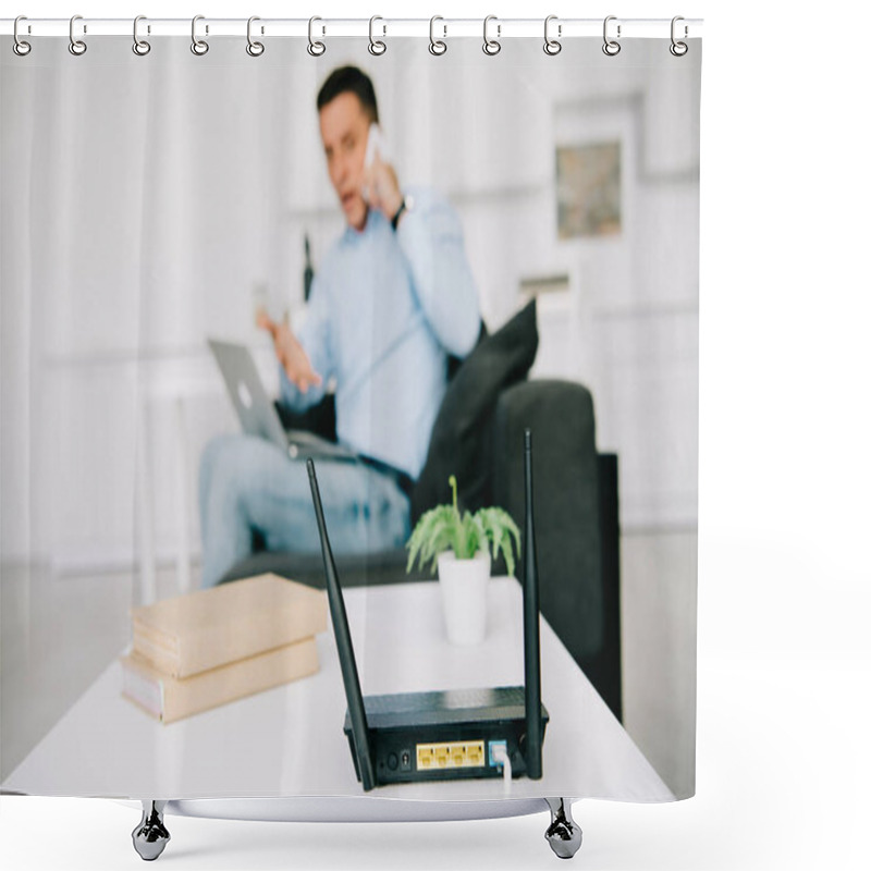 Personality  Selective Focus Of Black Plugged Router On White Table And Businessman Talking On Smartphone Shower Curtains