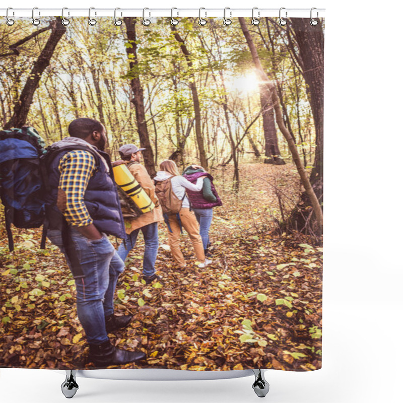 Personality  Young Backpackers In Autumn Forest Shower Curtains