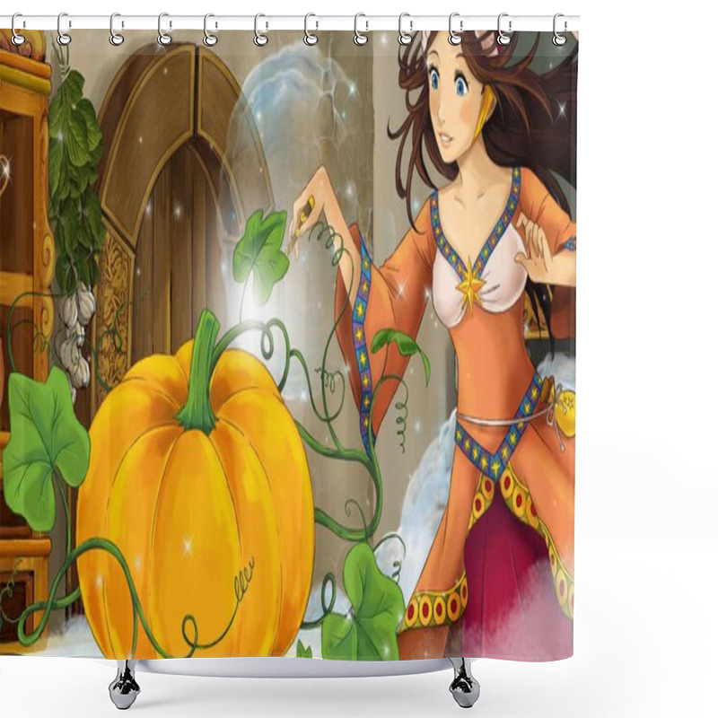 Personality  Cartoon Scene With Woman Sorceress In The Kitchen Casting Spell On Pumpkin - Illustration For Children Shower Curtains