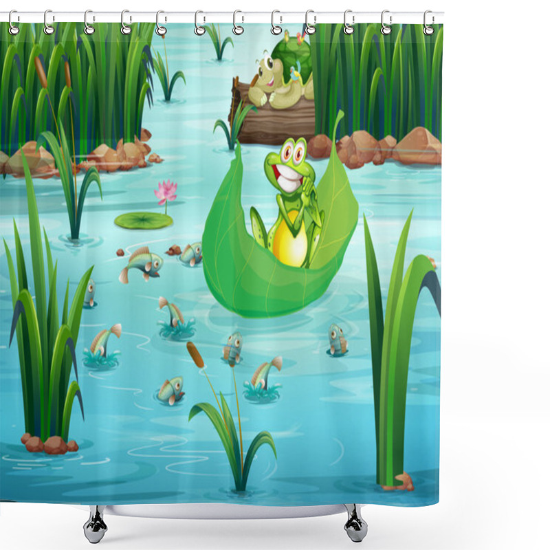 Personality  A Playful Frog And A Turtle At The Pond Shower Curtains