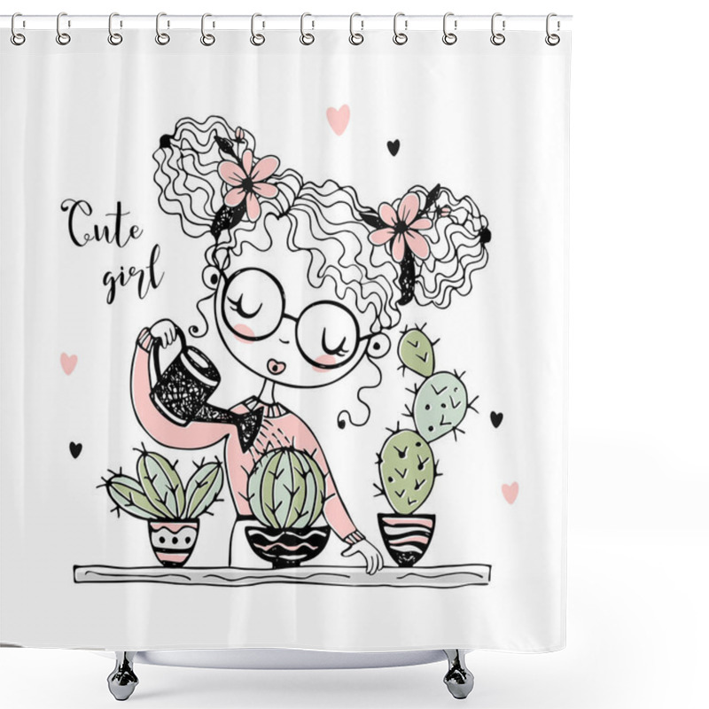 Personality  Cute Girl Is Watering The Cacti In Pots. Vector. Shower Curtains