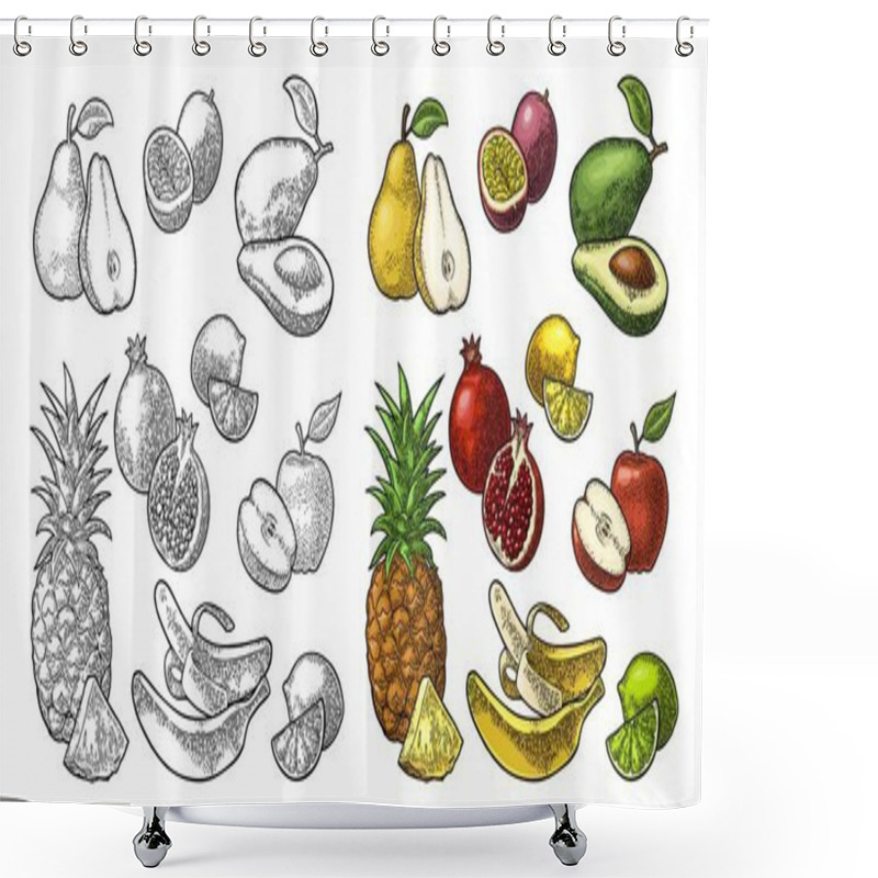 Personality  Set Fruits. Pineapple, Lime, Banana, Pomegranate, Maracuya, Avocado. Shower Curtains