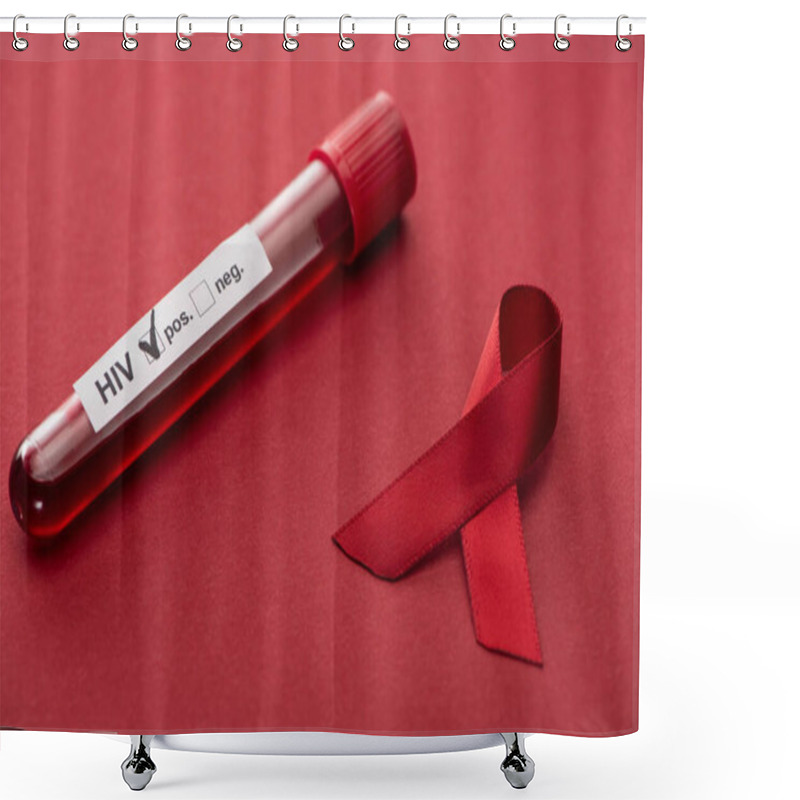 Personality  Red Awareness Aids Ribbon And Positive Hiv Blood Sample Test On Red Background Shower Curtains