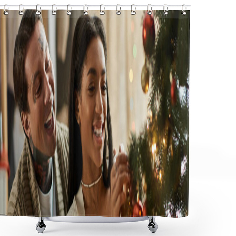 Personality  A Couple Delights In Decorating Their Christmas Tree At Home, Enjoying Each Others Company. Shower Curtains