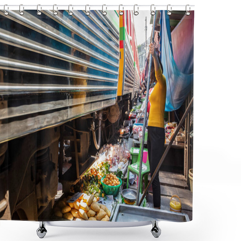 Personality  BANGKOK, THAILAND - March 2019: Train Running Through Maeklong Railway Market, Thailand Shower Curtains