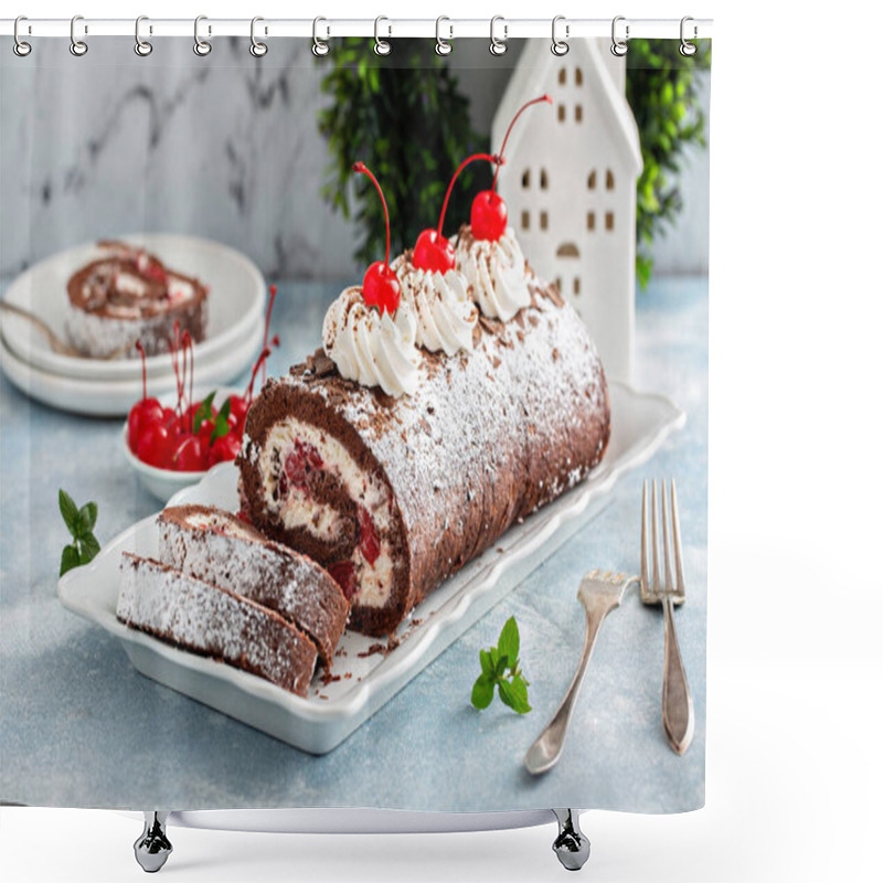 Personality  Black Forest Cake Roll With Whipped Cream And Cherries Shower Curtains