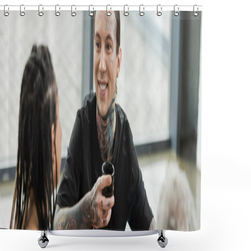 Personality  Happy And Tattooed Man Holding Chinese Tea Cup And Talking With African American Woman In Yoga Studio, Banner  Shower Curtains