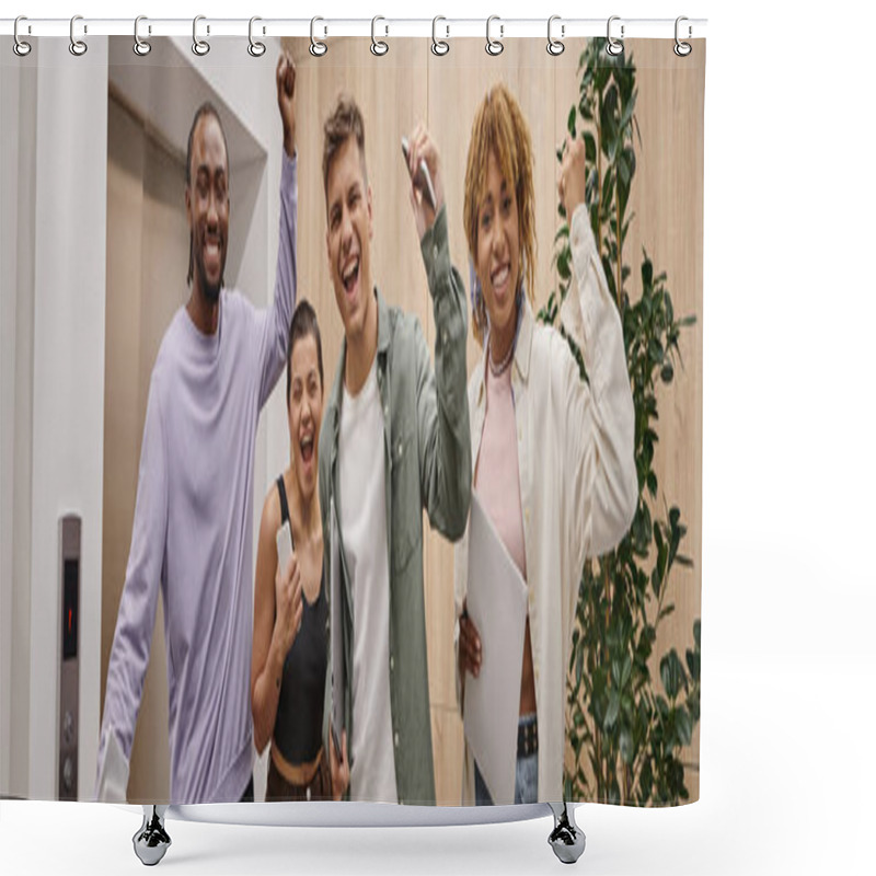 Personality  Diversity, Excited Business People Celebrating Success, Coworking, Startup, Generation Z, Banner Shower Curtains