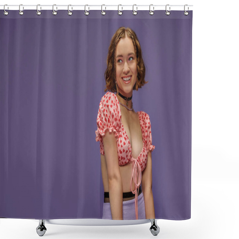 Personality  Happy Young Woman In Cropped Top With Hearts Smiling On Purple Background, Positive Emotion Shower Curtains