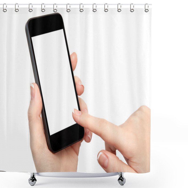 Personality  Woman Hand Holding The Phone With Isolated Screen Shower Curtains