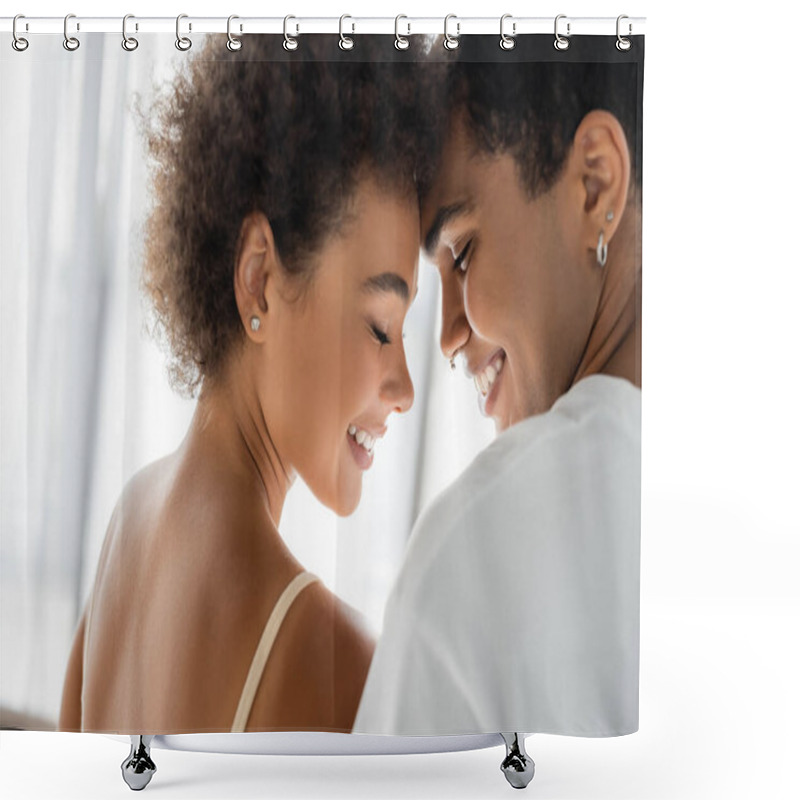 Personality  Curly African American Woman And Man With Piercing Smiling With Closed Eyes  Shower Curtains