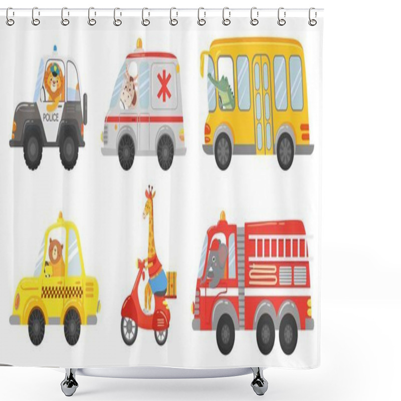 Personality  Cartoon Animal Driver. Animals In Emergency Ambulance, Firetruck And Police Car. Zoo Taxi, Public Bus And Delivery Truck Vector Set Shower Curtains