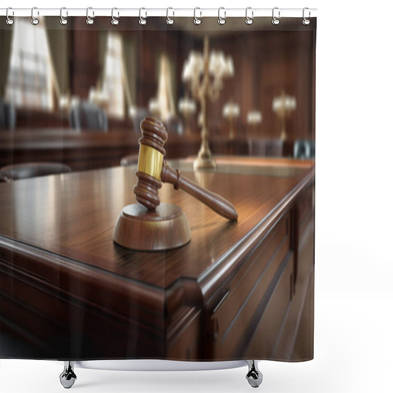 Personality  Gavel Resting On A Table Inside An Empty Courthouse. Shower Curtains