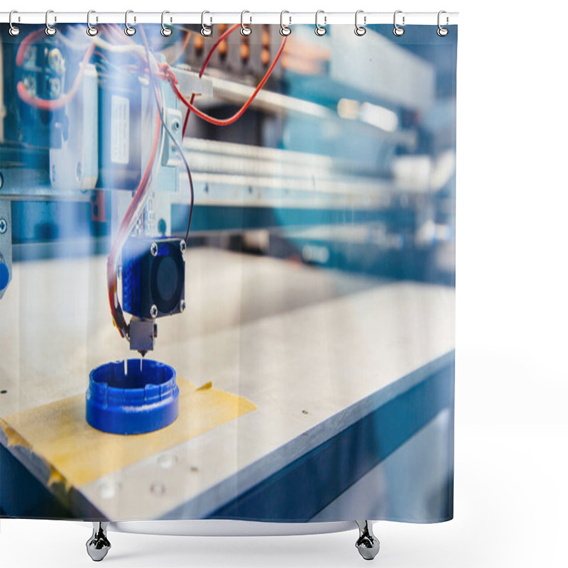 Personality  Freshly Printed Blue Plastic Detail On The Platform Of 3d Printer Shower Curtains