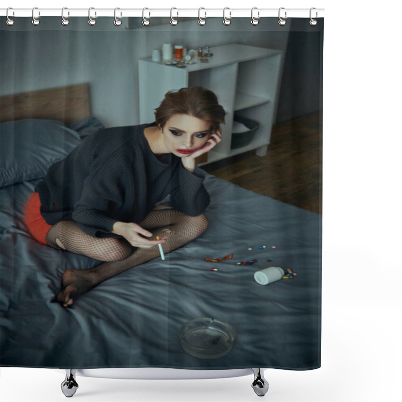 Personality  A Young Woman Sits On A Bed, Holding A Cigarette, With Scattered Pills Around Her. Shower Curtains