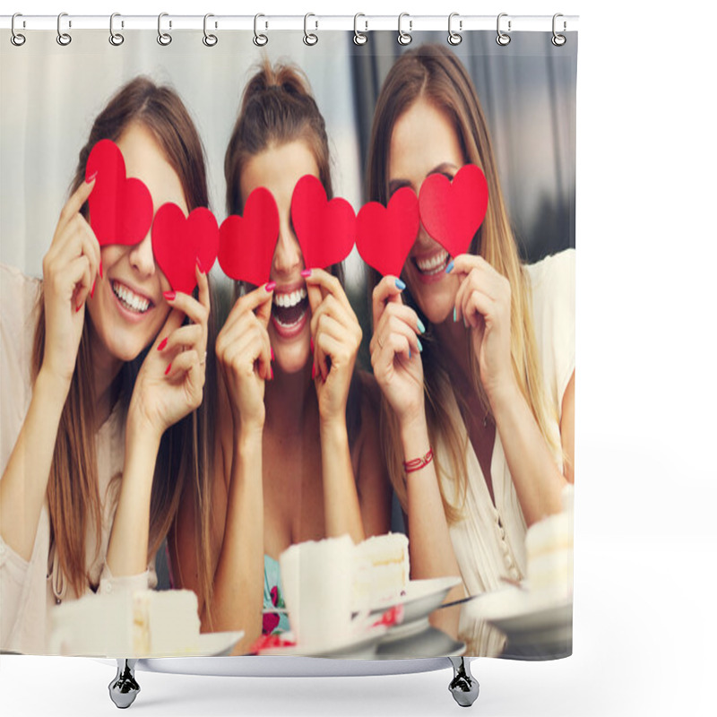 Personality  Girlfriends Holding Hearts In Cafe Shower Curtains