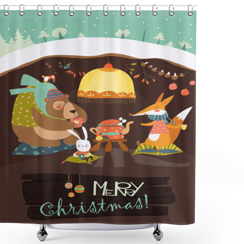 Personality  Cute Bear With Rabbit And Fox Celebrating Christmas In His Den Shower Curtains