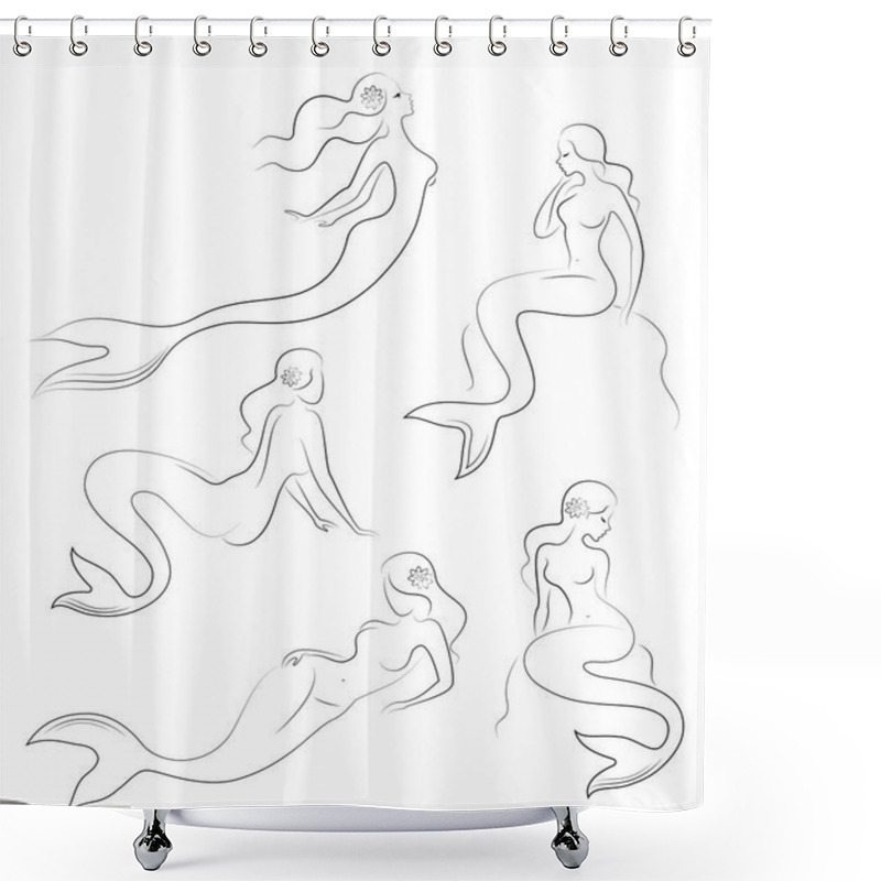 Personality  Collection. Silhouette Of A Mermaid. Girls Bathe In A Beautiful Pose. The Lady Is Young And Slender. Fantastic Image Of A Fairy Tale. Set Of Vector Illustrations Shower Curtains