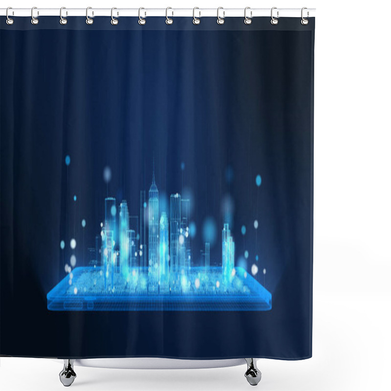 Personality  3D Rendering, Bright Digital Tablet And City Wireframe In Bright Blue And White Colors Particles, Sphere Particle Line Rise Up. Digital Technology And Communication Concept Shower Curtains