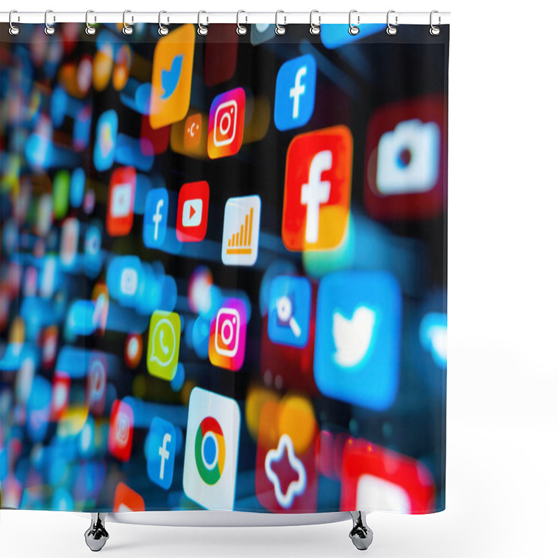 Personality  Madrid, Spain - February 12, 2024: Array Of Social Media Icons In Vivid Colors  Advertising Shower Curtains