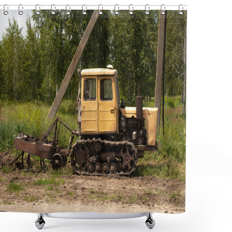 Personality  Working Tractor Stands On A Field In Ukraine To Dig Up Land Shower Curtains