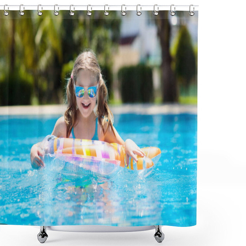 Personality  Child With Inflatable Toy Ring Float In Swimming Pool. Little Girl Learning To Swim And Dive In Outdoor Pool Of Tropical Resort. Swimming With Kids. Healthy Sport Activity For Children. Water Fun. Shower Curtains