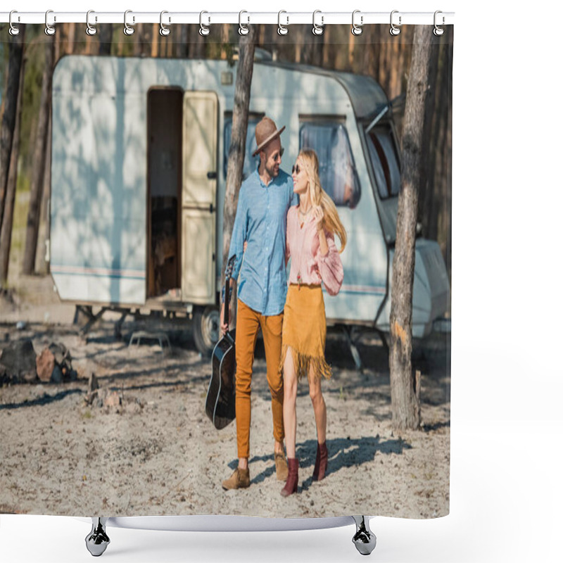 Personality  Beautiful Couple Hugging And Walking With Acoustic Guitar Near Campervan In Forest Shower Curtains