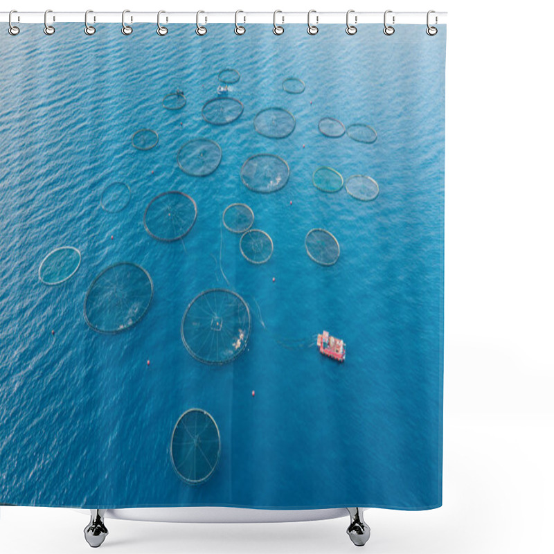 Personality  Aquaculture Cages Of Fish Farm In Open Sea, Aerial View Shower Curtains