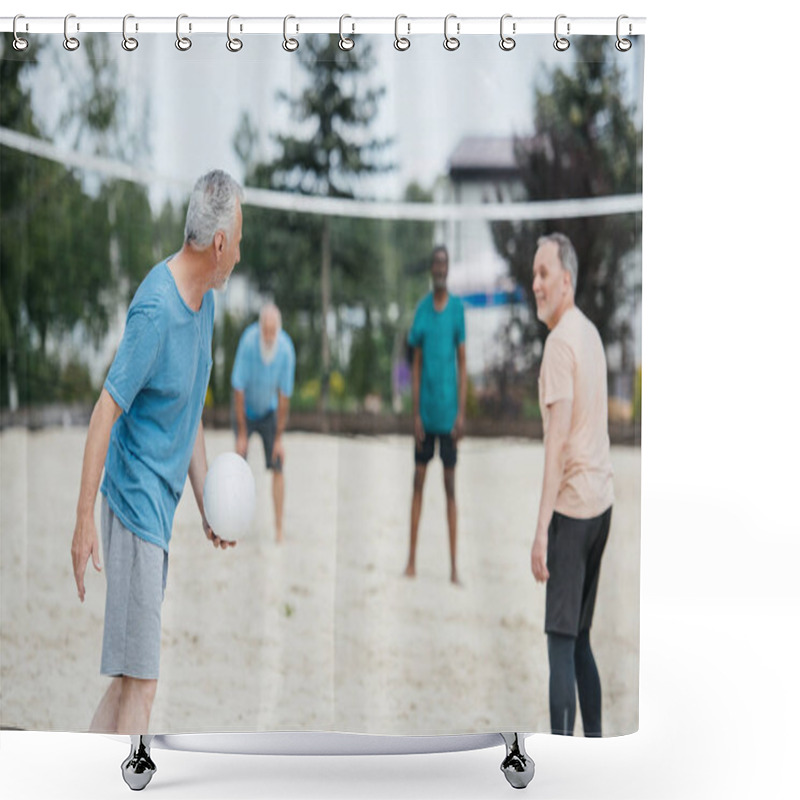 Personality  Selective Focus Of Multicultural Old Friends Playing Volleyball On Beach On Summer Day Shower Curtains