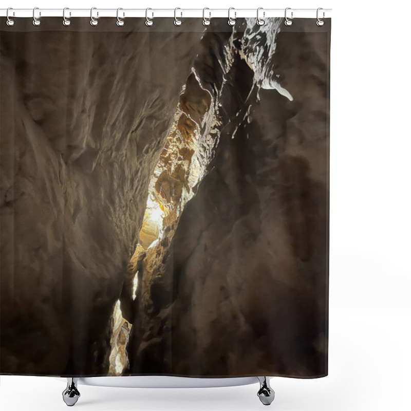 Personality  Majestic View Of A Steep Rock Wall Inside A Cave, Illuminated By Streaming Sunlight, Showcasing Rugged Textures And Dramatic Perspectives. Shower Curtains