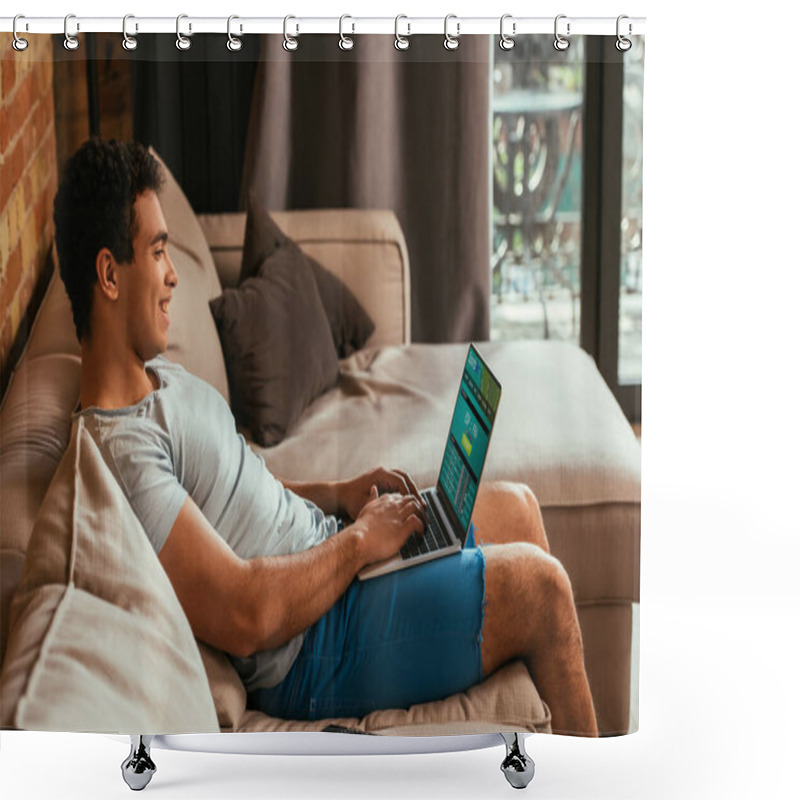 Personality  Happy Mixed Race Man Chilling And Using Laptop With SportsBet Website On Screen During Self Isolation Shower Curtains