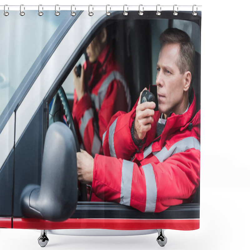 Personality  Male And Female Paramedics Talking By Portable Radios Shower Curtains