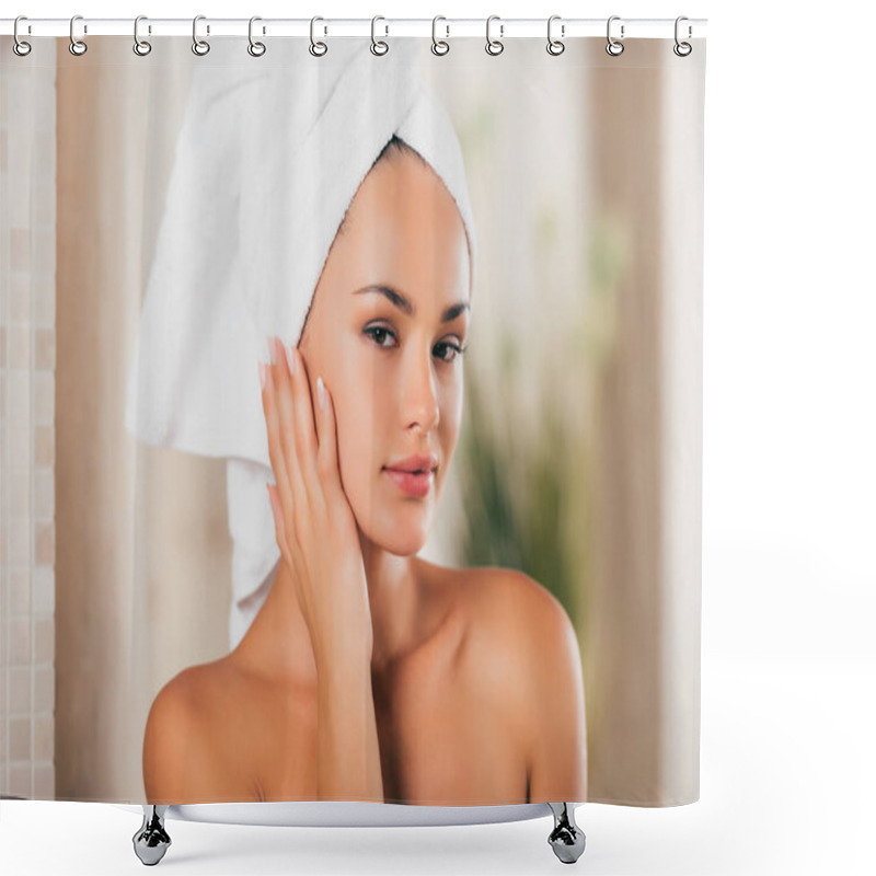 Personality  Happy Woman In Bath Robe With Clean Face At Spa Center Shower Curtains