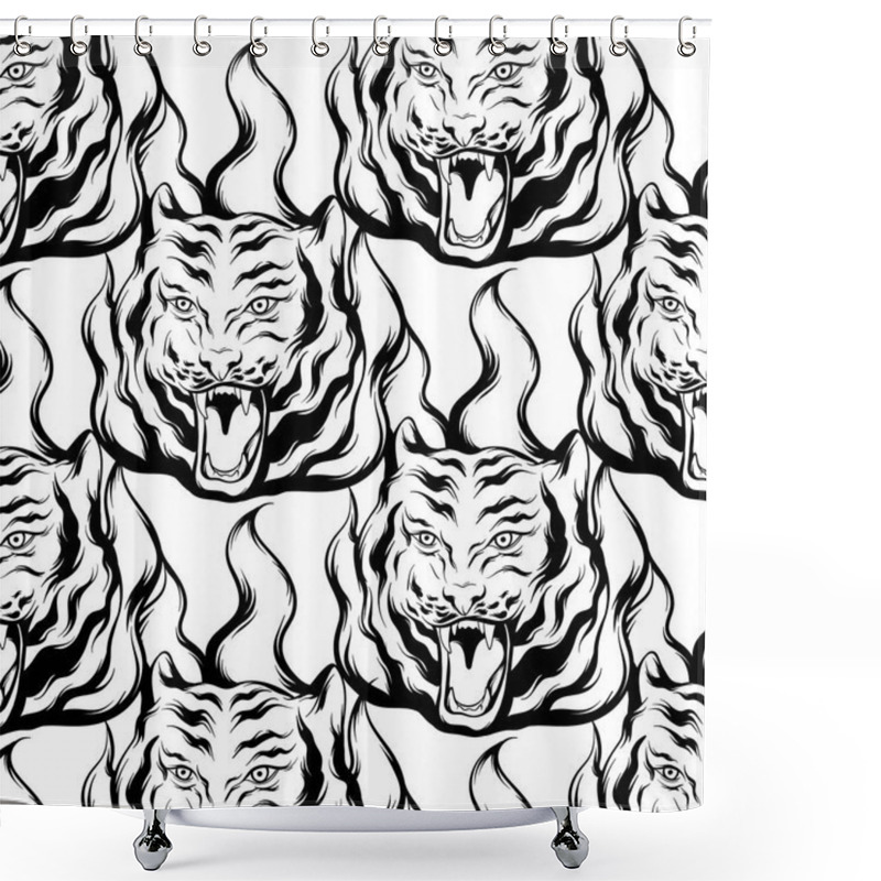 Personality  Vector Pattern With Hand Drawn Illustration Of Roaring Tiger With Fire Isolated. Template For Card, Poster. Banner, Print For T-shirt, Pin, Badge, Patch. Shower Curtains