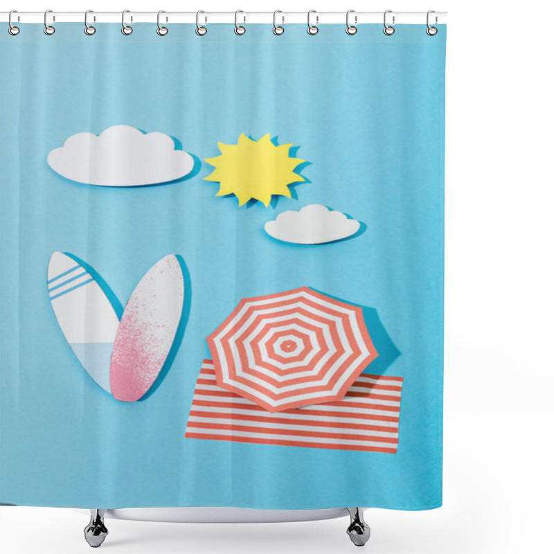 Personality  Top View Of Paper Cut Beach With Surfboards, Umbrella And Blanket On Blue Background Shower Curtains