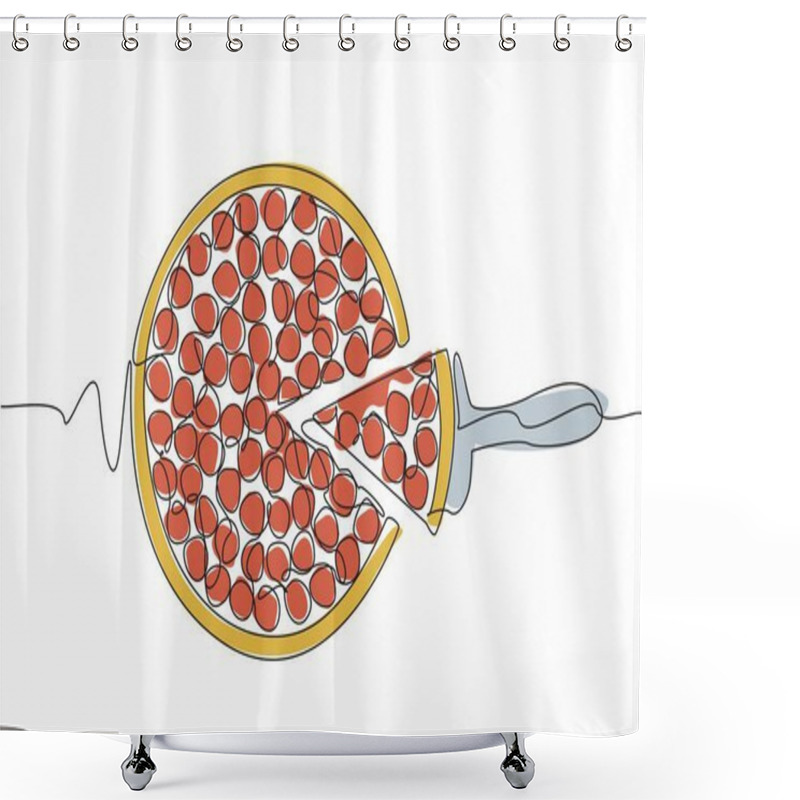 Personality  Single Continuous Line Drawing Round Cut Cherry Cheesecake. Cut To Enjoy Its Deliciousness. Creamy Taste Of Cheese Adds To Taste. National Cherry Cheesecake Day. One Line Design Vector Illustration Shower Curtains