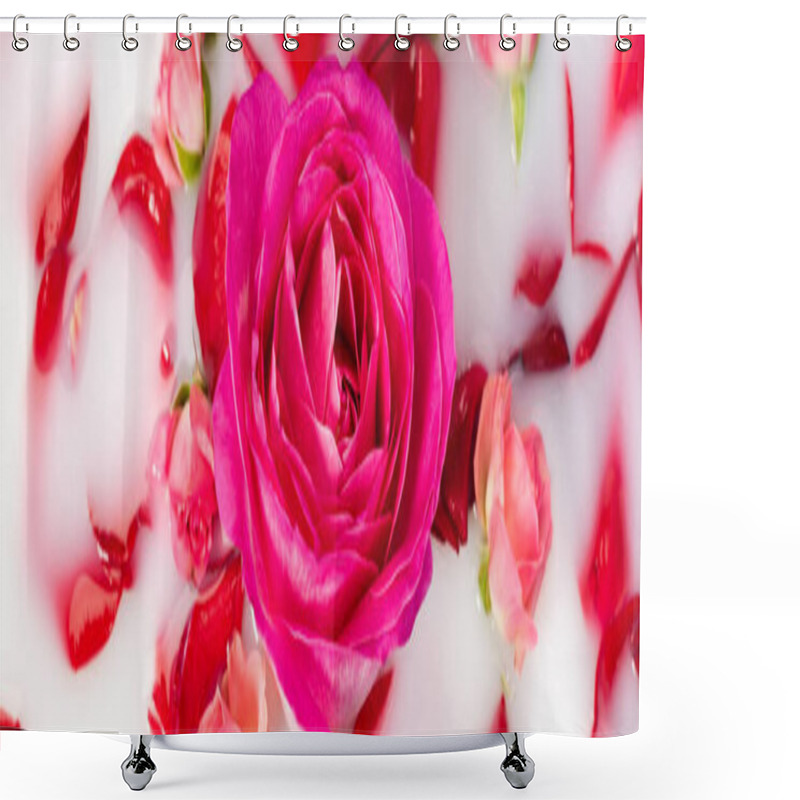 Personality  Top View Of Pink Flower Near Roses In Milky Water, Banner Shower Curtains