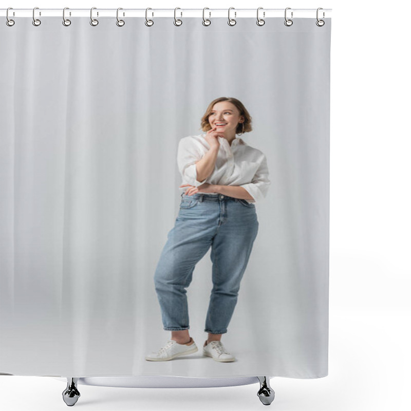 Personality  Full Length Of Happy Overweight Woman In Jeans Posing On Grey  Shower Curtains