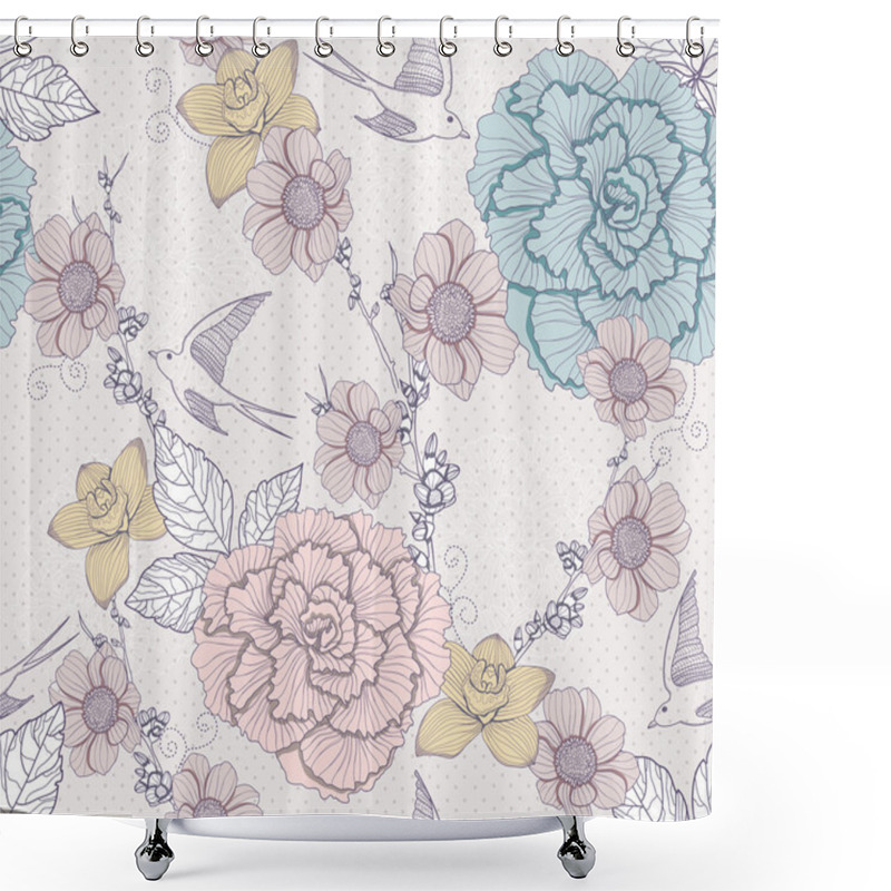 Personality  Seamless Floral Pattern. Seamless Pattern With Flowers And Birds Shower Curtains