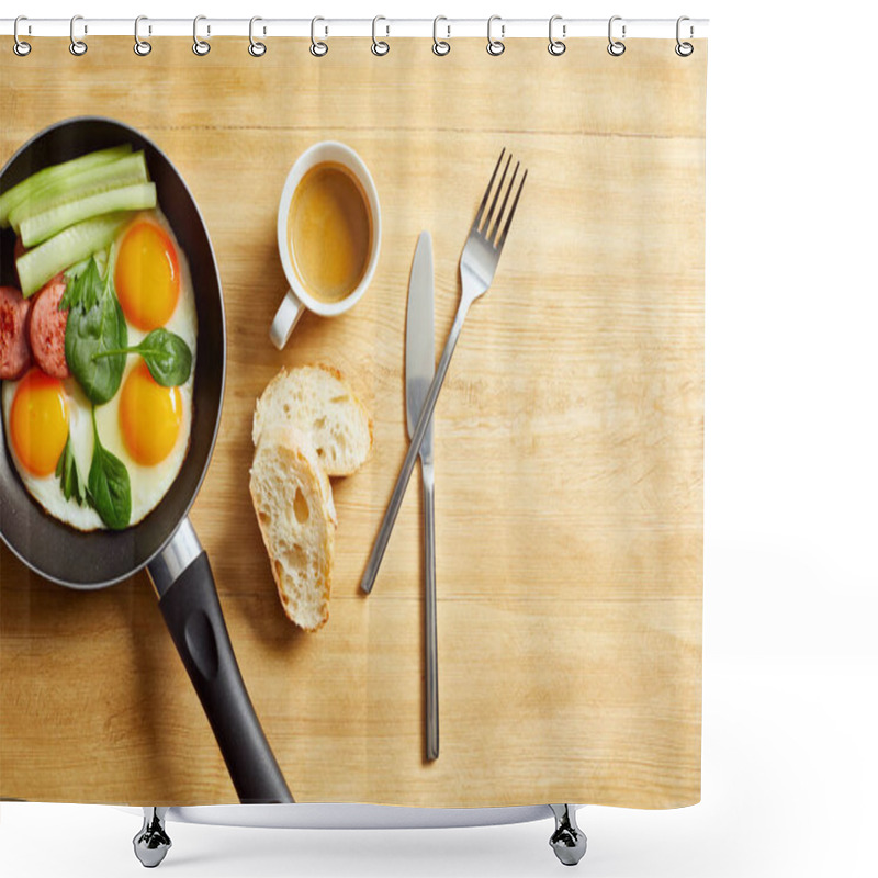 Personality  Top View Of Fried Eggs With Spinach Leaves, Cucumber And Sausage In Frying Pan Near Coffee, Bread And Coffee On Wooden Table Shower Curtains